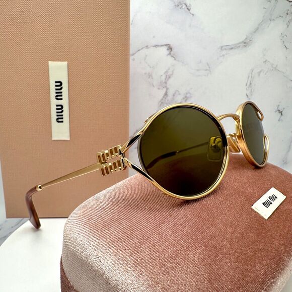 New MIU MIU Sunglasses Gold Oval Skinny Metal Frame Italy 100% Authentic